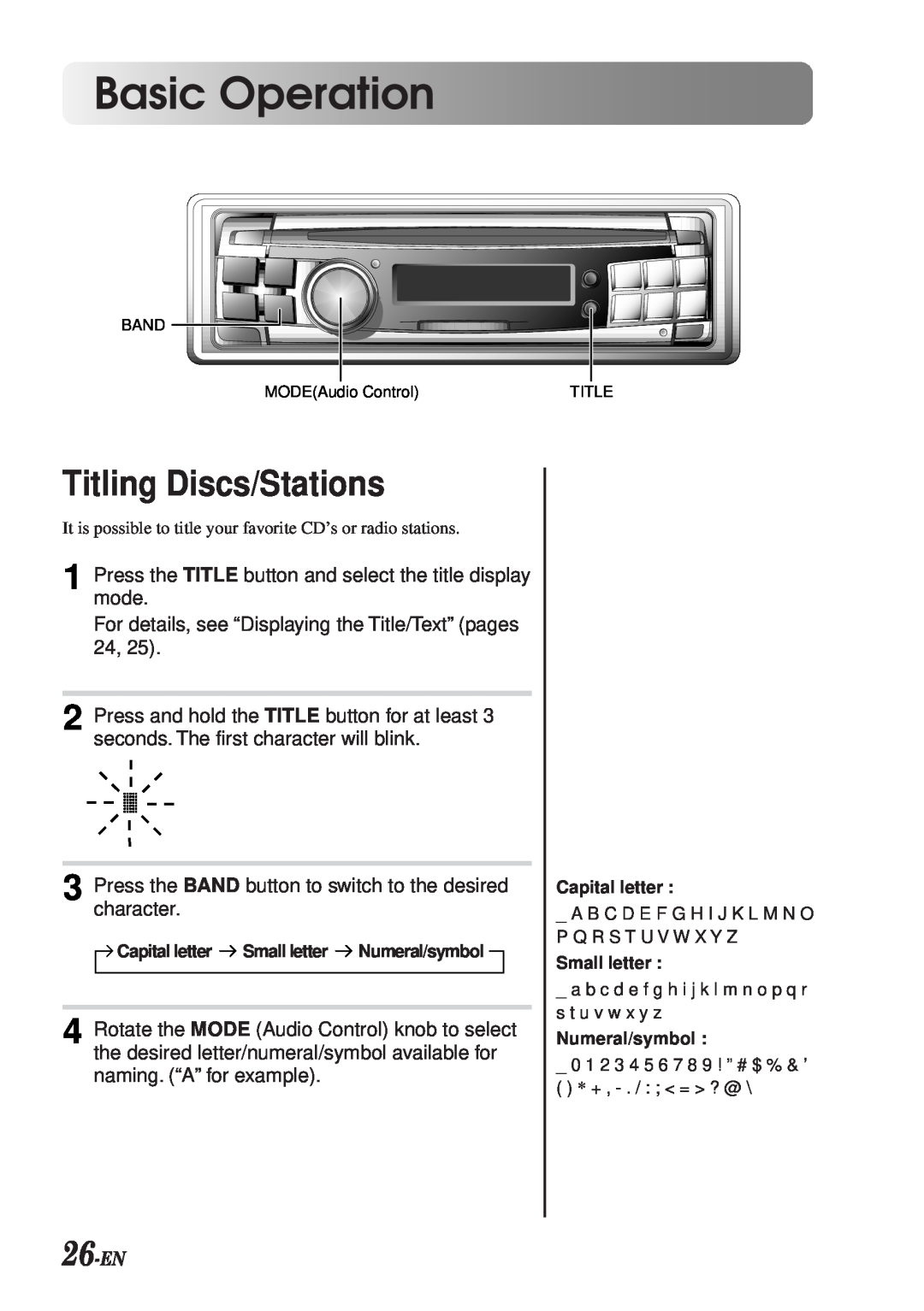 Alpine CDA-7990 manual Titling Discs/Stations, 26-EN, Basic Operation 
