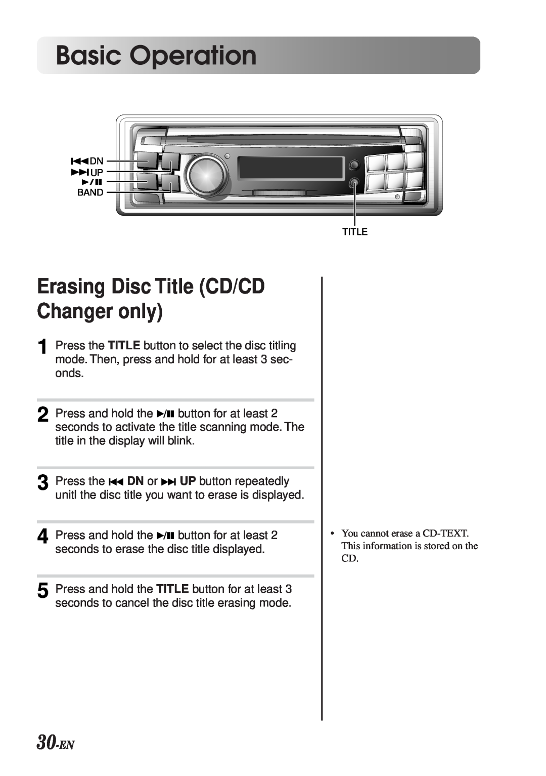 Alpine CDA-7990 manual Erasing Disc Title CD/CD Changer only, 30-EN, Basic Operation 