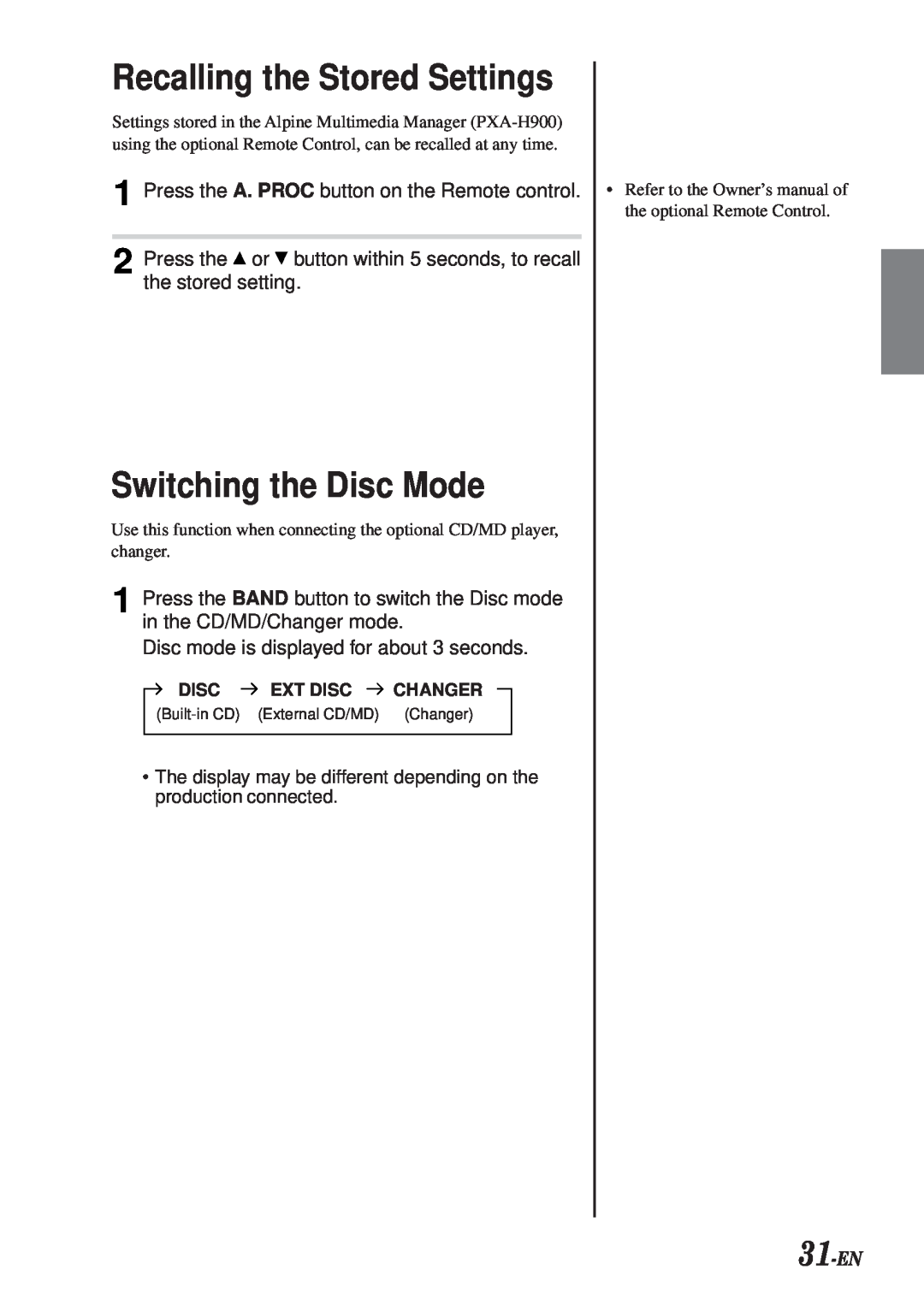 Alpine CDA-7990 manual Recalling the Stored Settings, Switching the Disc Mode, 31-EN 