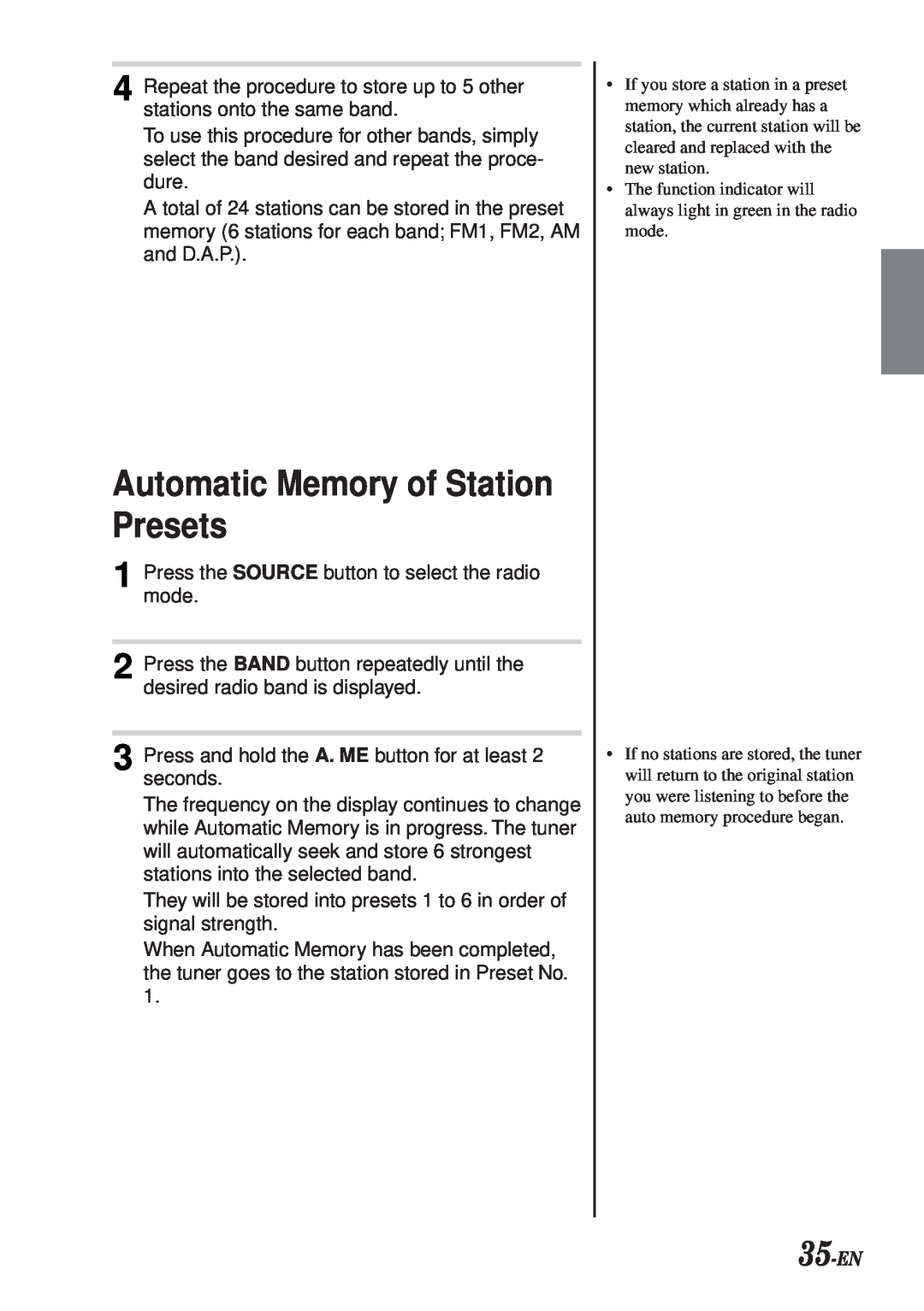 Alpine CDA-7990 manual Automatic Memory of Station Presets, 35-EN 