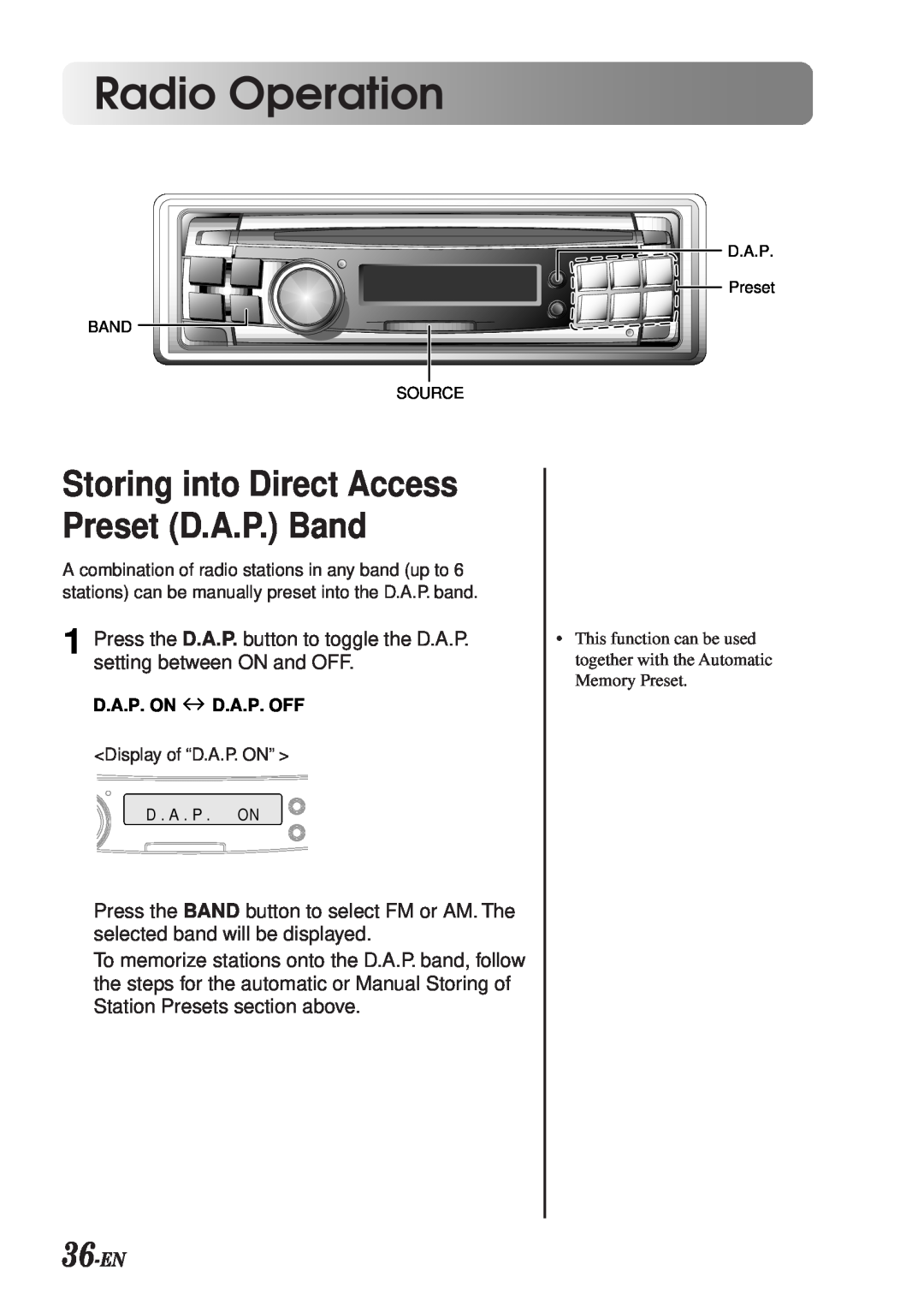Alpine CDA-7990 manual 36-EN, Storing into Direct Access Preset D.A.P. Band, Radio Operation 