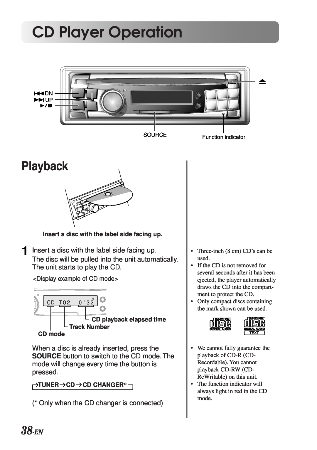 Alpine CDA-7990 manual CD Player Operation, Playback, 38-EN 