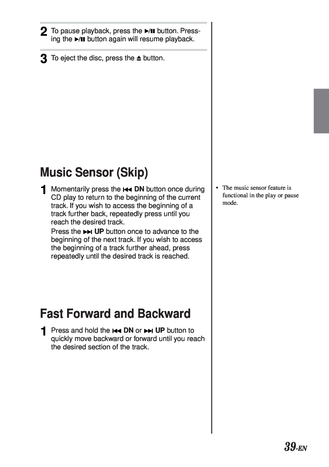 Alpine CDA-7990 manual Music Sensor Skip, Fast Forward and Backward, 39-EN 