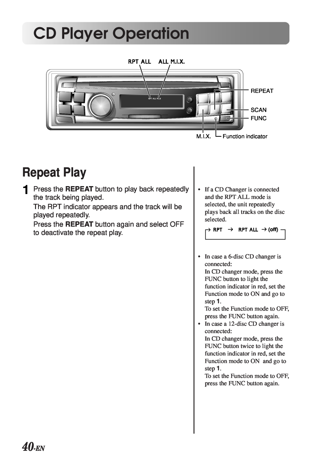 Alpine CDA-7990 manual Repeat Play, 40-EN, CD Player Operation 