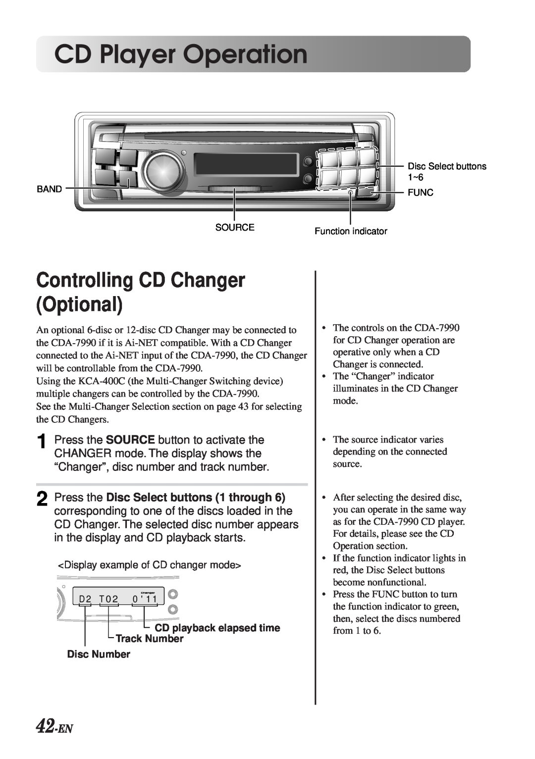 Alpine CDA-7990 manual Controlling CD Changer Optional, 42-EN, CD Player Operation 