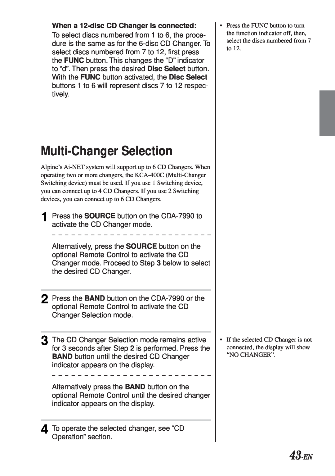 Alpine CDA-7990 manual Multi-ChangerSelection, 43-EN, When a 12-discCD Changer is connected 