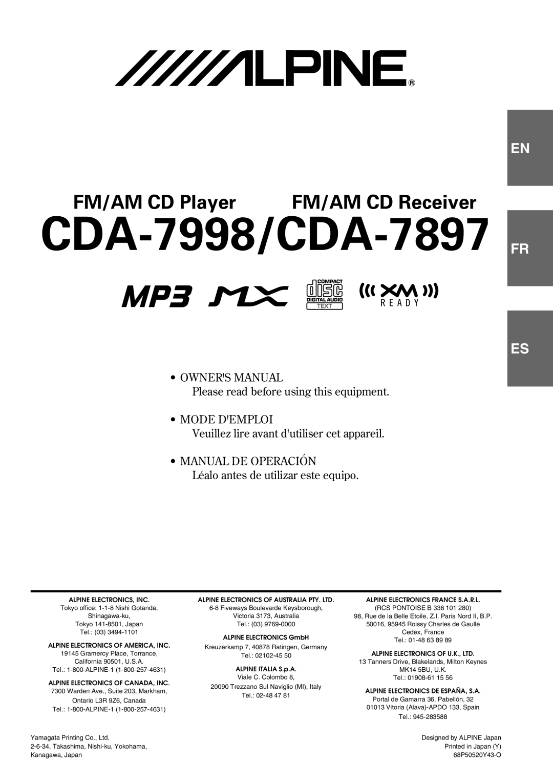 Alpine owner manual CDA-7998/CDA-7897 