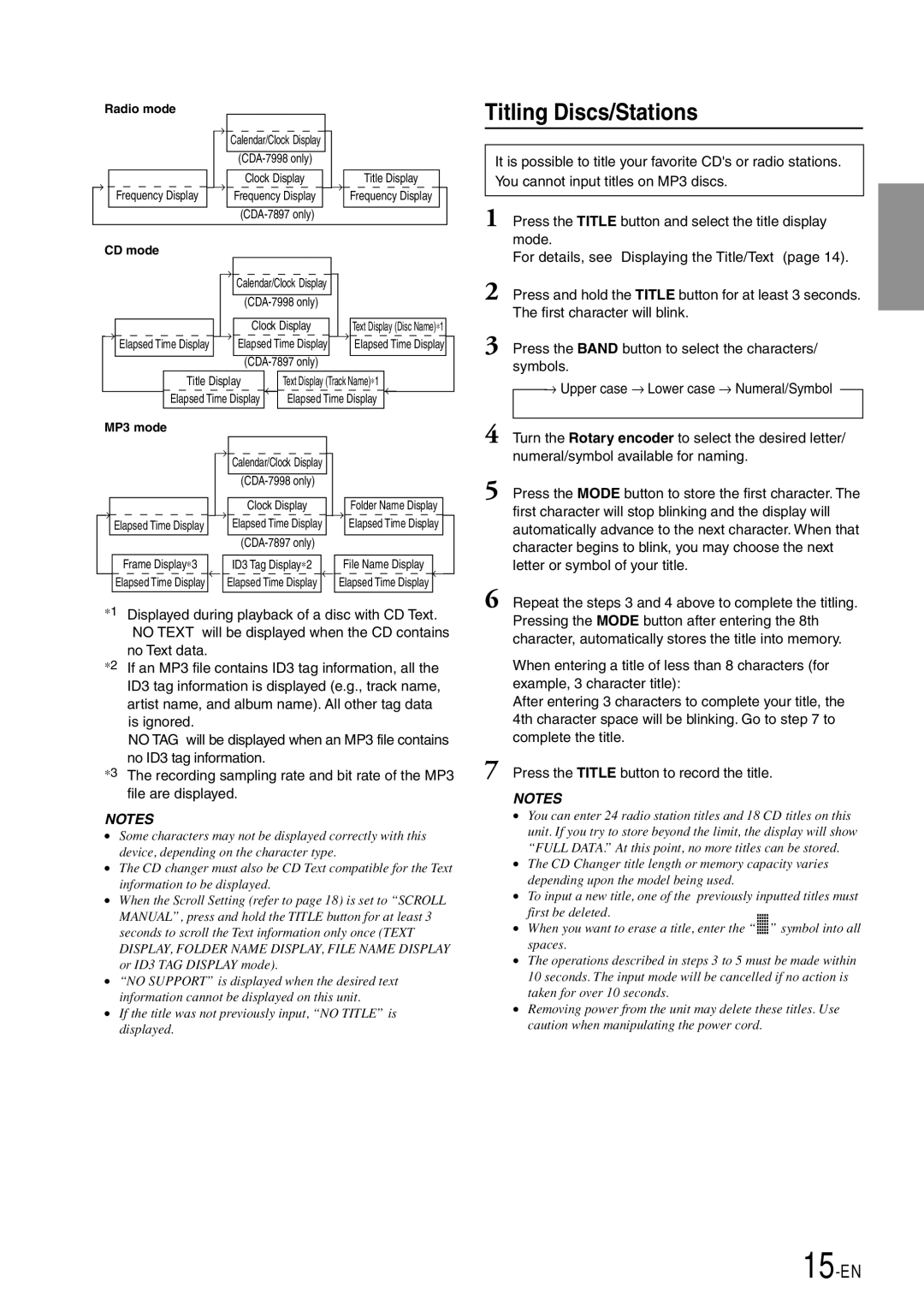 Alpine CDA-7998 owner manual Titling Discs/Stations, Elapsed Time Display 