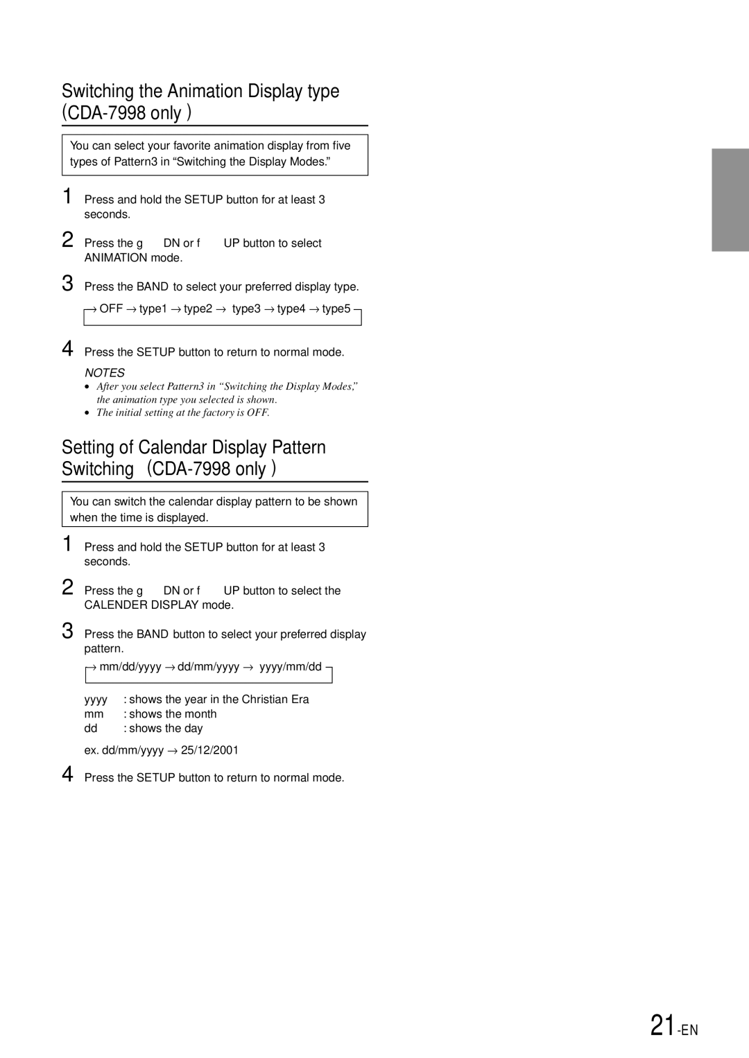 Alpine Switching the Animation Display type CDA-7998 only, Setting of Calendar Display Pattern Switching CDA-7998 only 