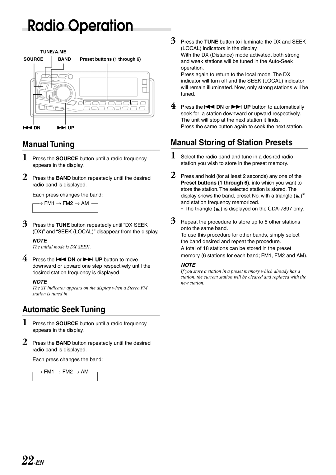 Alpine CDA-7998 owner manual Radio Operation, Manual Tuning, Automatic Seek Tuning, Manual Storing of Station Presets 