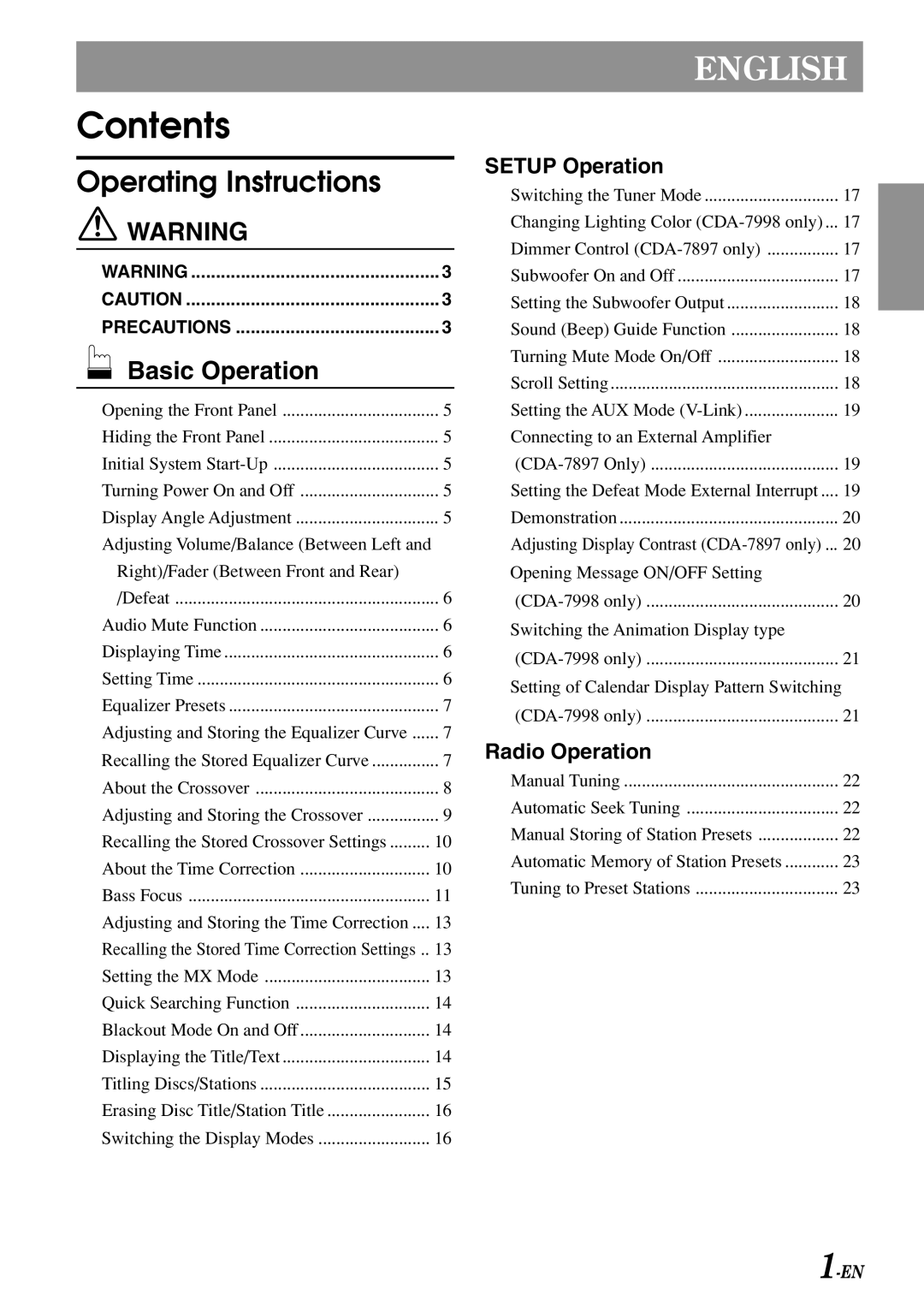 Alpine CDA-7998 owner manual Contents 