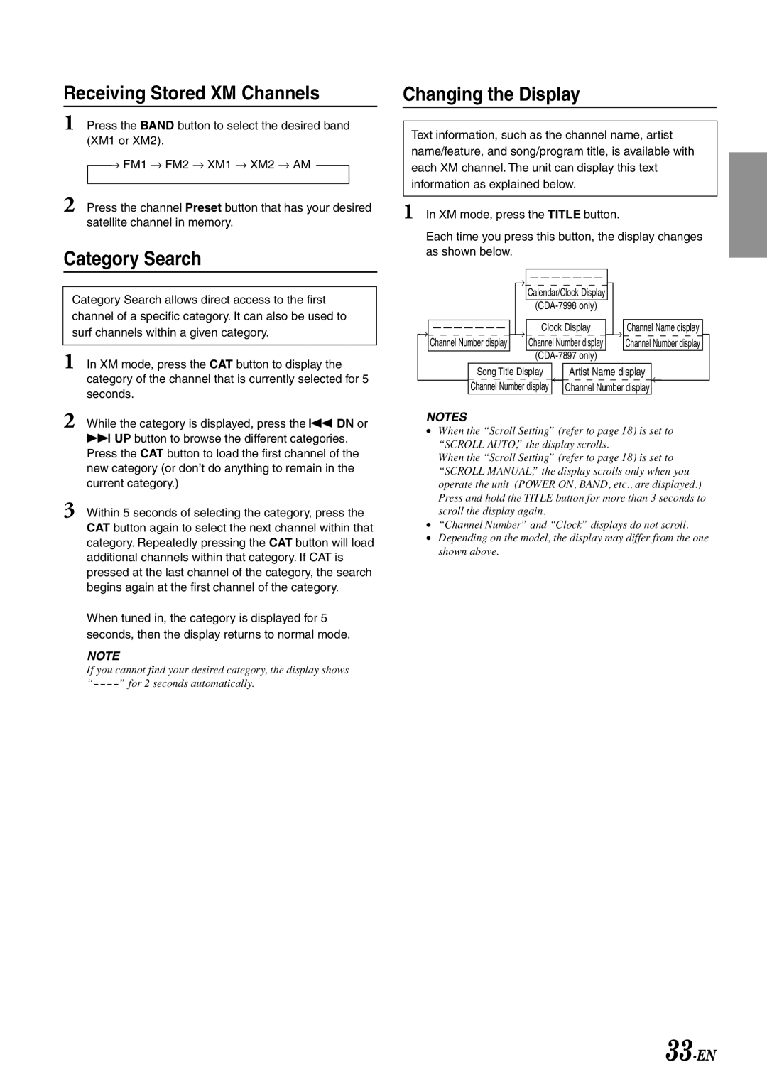 Alpine CDA-7998 owner manual Receiving Stored XM Channels, Category Search, Changing the Display 