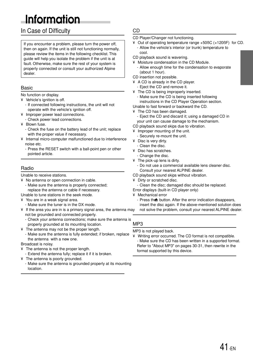 Alpine CDA-7998 owner manual Information, Case of Difficulty, Basic, Radio 