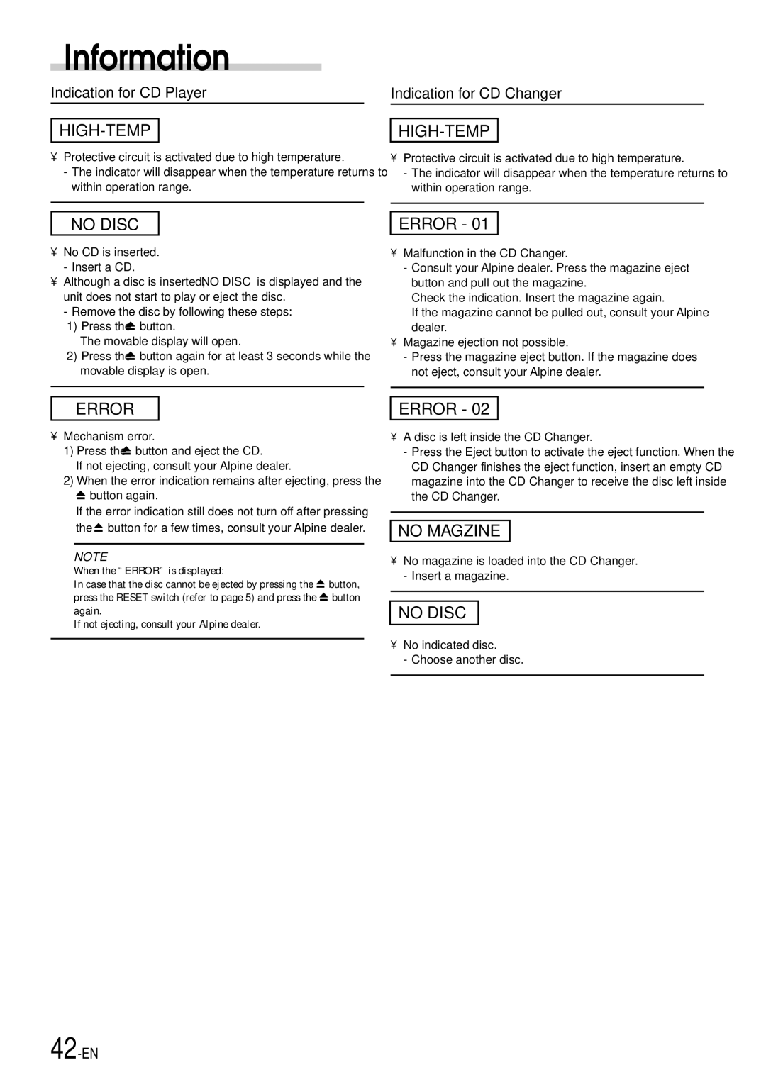 Alpine CDA-7998 owner manual Indication for CD Player, Indication for CD Changer 