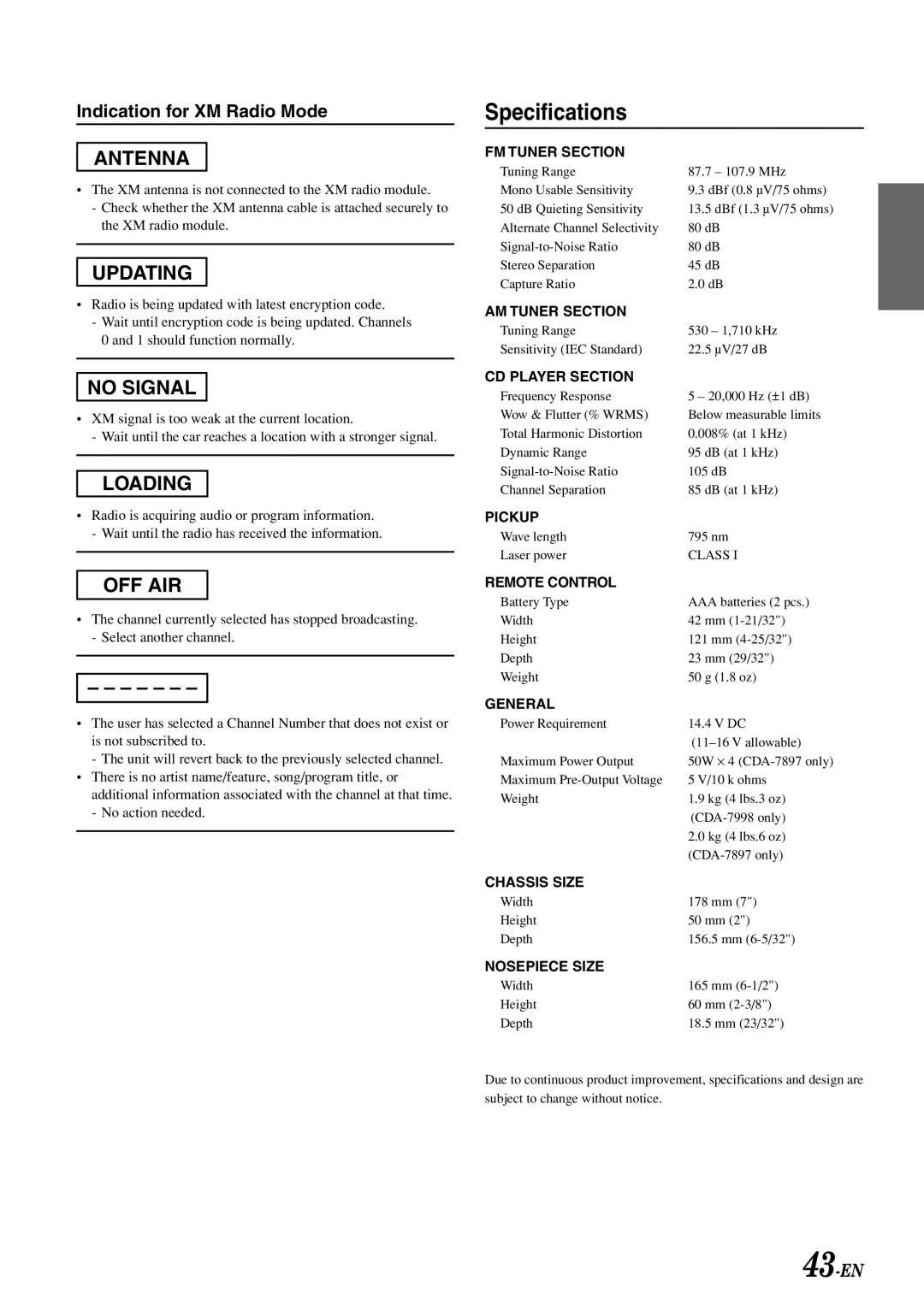 Alpine CDA-7998 owner manual Specifications, Indication for XM Radio Mode 