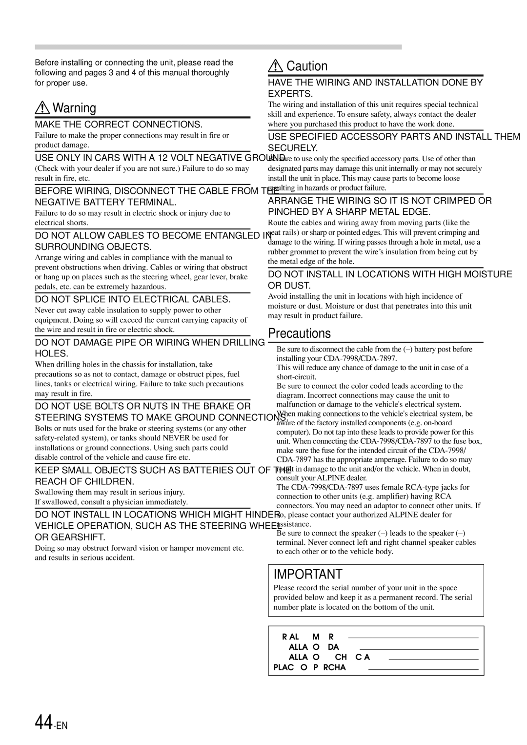 Alpine CDA-7998 owner manual Installation and Connections, Precautions 