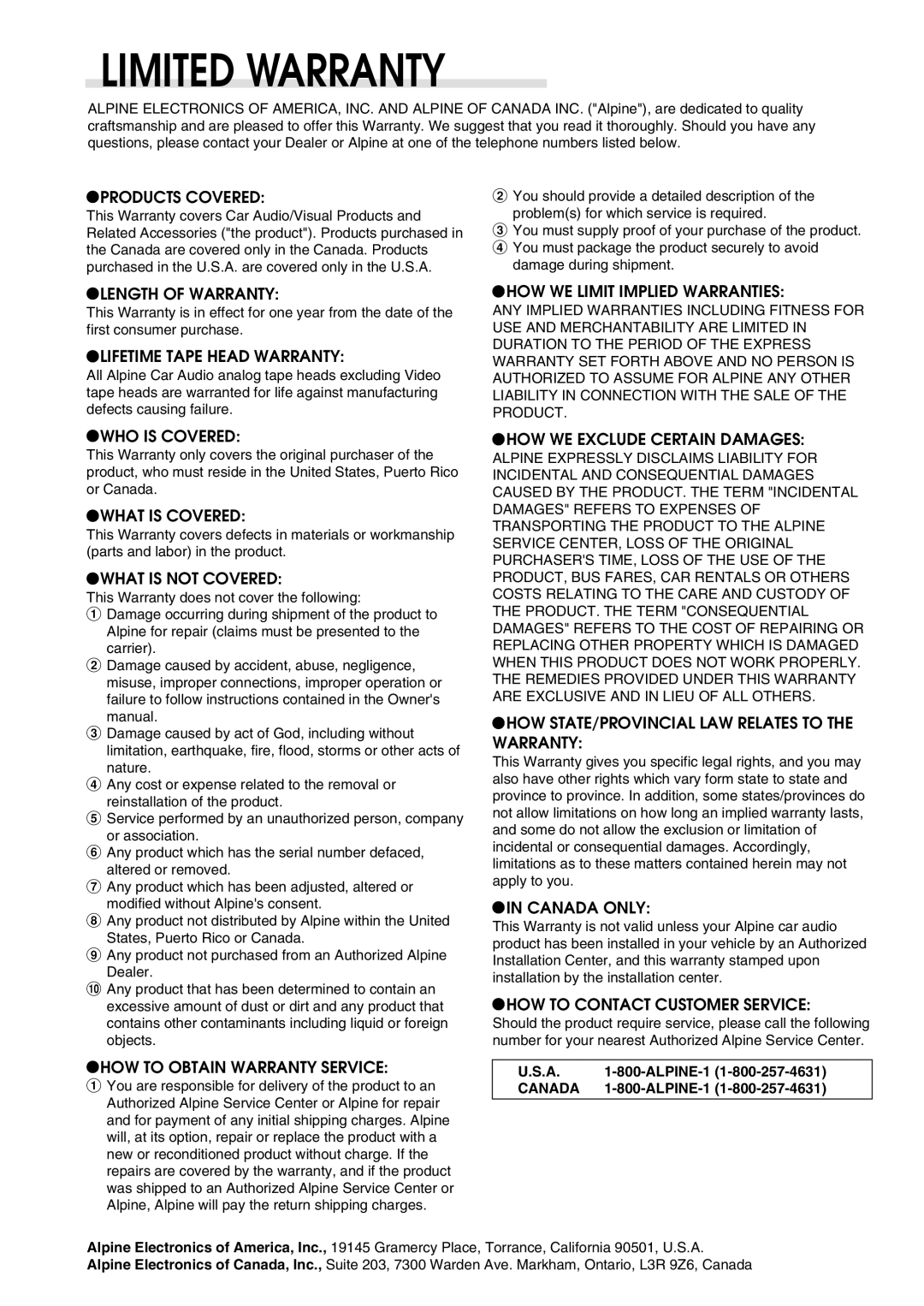 Alpine CDA-7998 owner manual Limited Warranty, Damage during shipment 