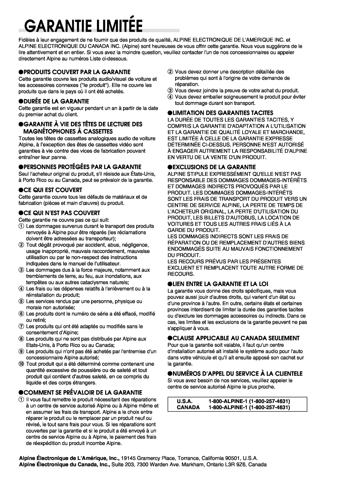 Alpine CDA-7998 owner manual Garantie Limitée 