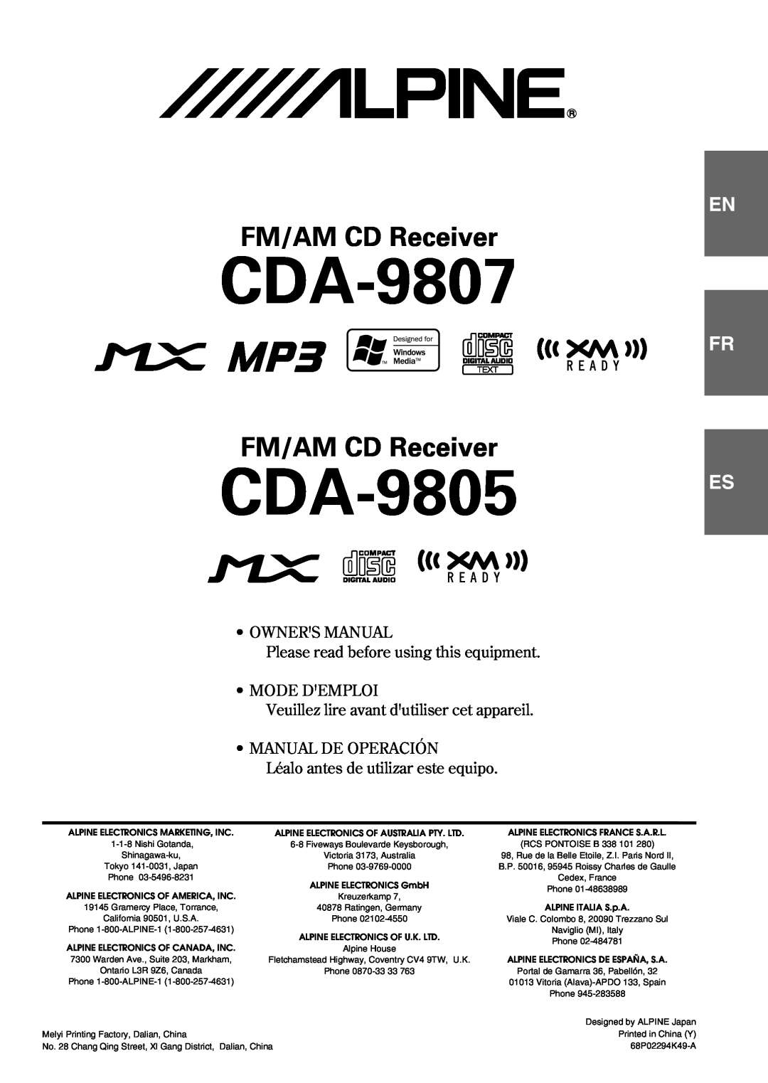 Alpine cda-9805 owner manual CDA-9807, CDA-9805, FM/AM CD Receiver, Fr Es, Please read before using this equipment 