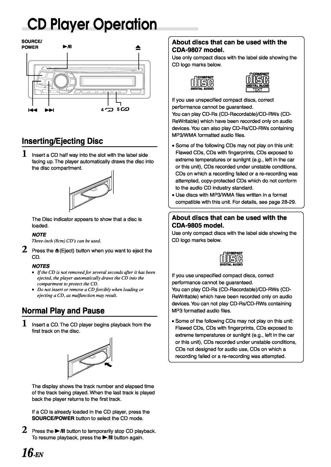 Alpine CDA-9807, cda-9805 owner manual CD Player Operation, Inserting/Ejecting Disc, Normal Play and Pause, 16-EN 
