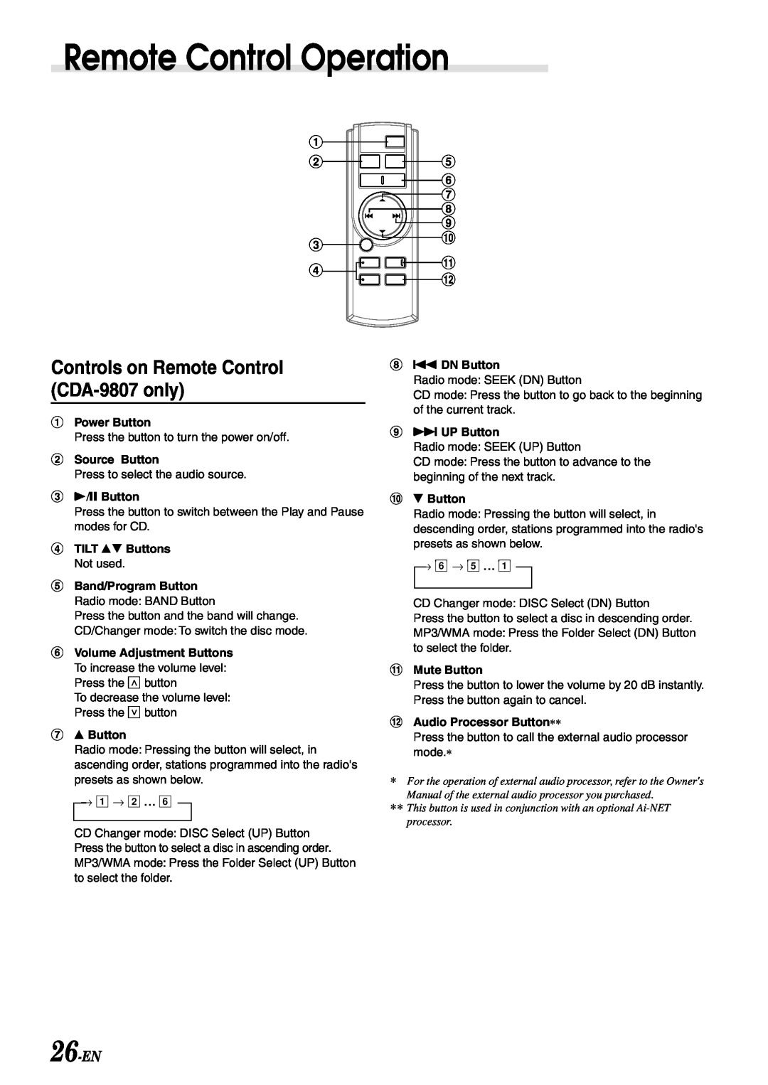 Alpine cda-9805 owner manual Remote Control Operation, Controls on Remote Control CDA-9807only, 26-EN 