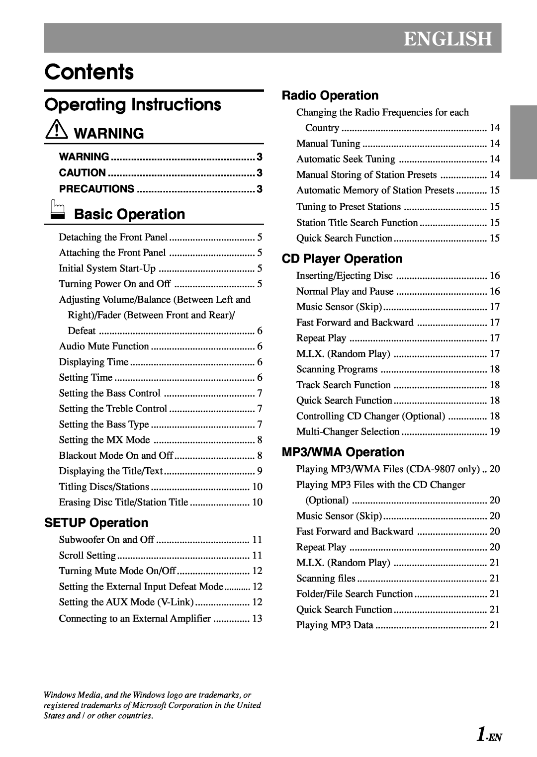 Alpine cda-9805 Operating Instructions, SETUP Operation, Radio Operation, CD Player Operation, MP3/WMA Operation, 1-EN 