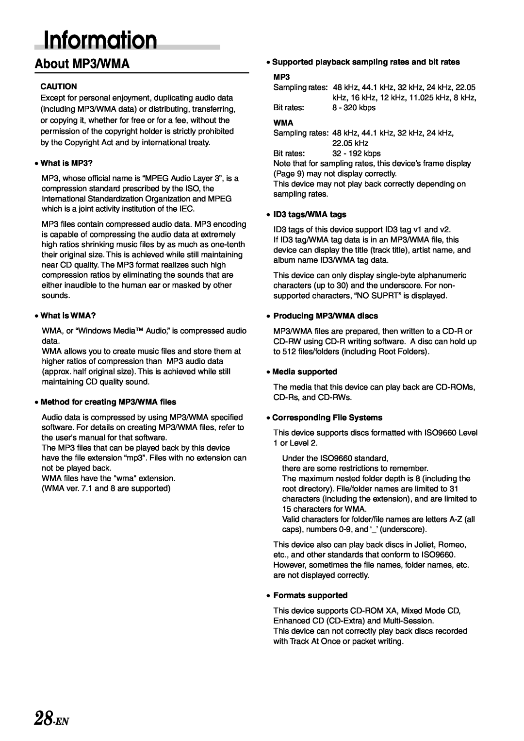 Alpine CDA-9807, cda-9805 owner manual Information, About MP3/WMA, 28-EN 