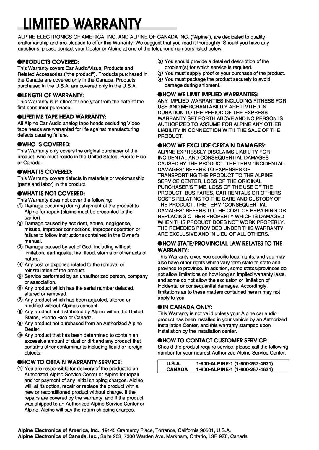 Alpine cda-9805, CDA-9807 owner manual Limited Warranty 