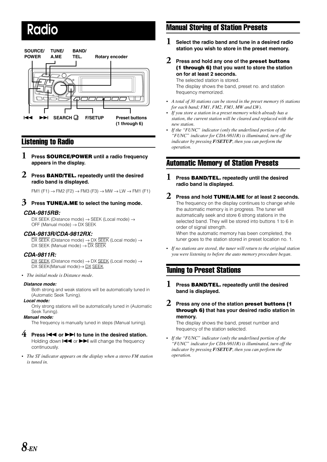 Alpine CDA-9812RR Listening to Radio, Manual Storing of Station Presets, Automatic Memory of Station Presets 