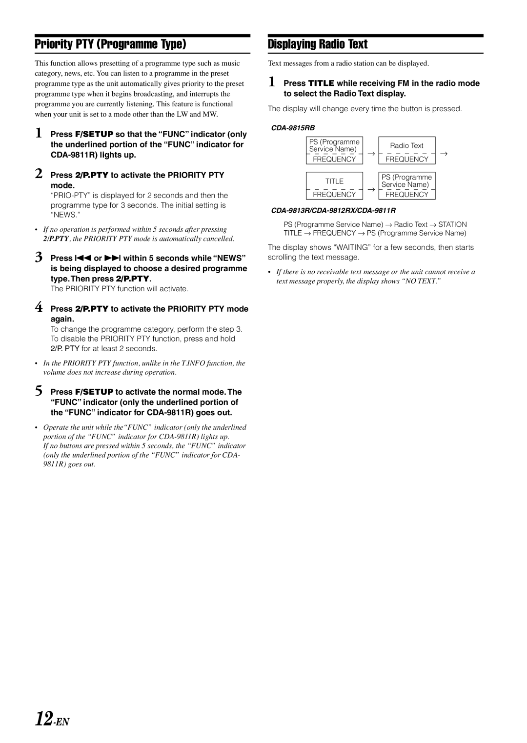 Alpine CDA-9811R, CDA-9812RR, CDA-9815RB, CDA-9813R, CDA-9812RB Priority PTY Programme Type, Displaying Radio Text, 12-EN 