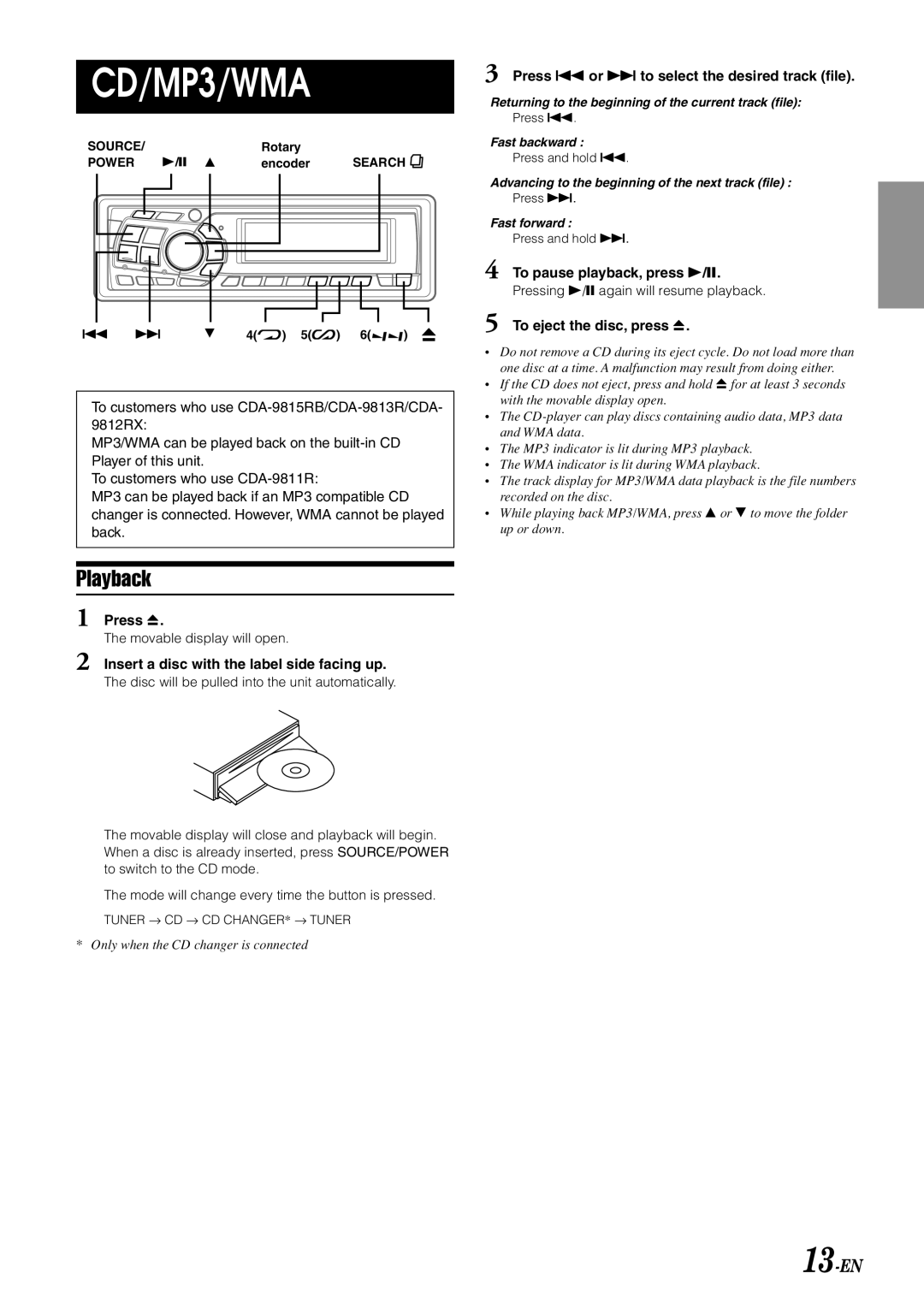 Alpine CDA-9812RR, CDA-9815RB, CDA-9813R, CDA-9812RB, CDA-9811R owner manual Playback, 13-EN 