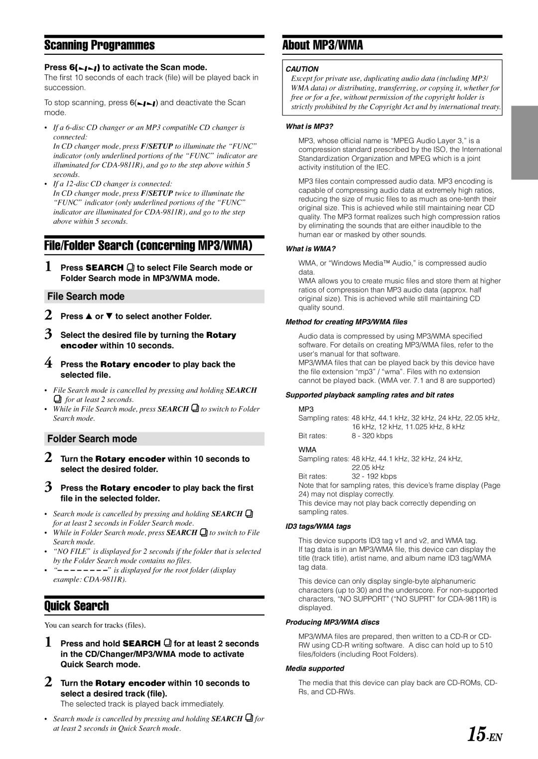 Alpine CDA-9813R, CDA-9812RR Scanning Programmes, Quick Search, About MP3/WMA, File Search mode, Folder Search mode 