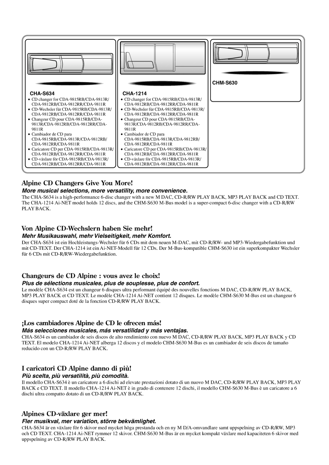 Alpine CDA-9813R, CDA-9812RR, CDA-9815RB, CDA-9812RB, CDA-9811R owner manual CHM-S630 CHA-S634, CHA-1214 