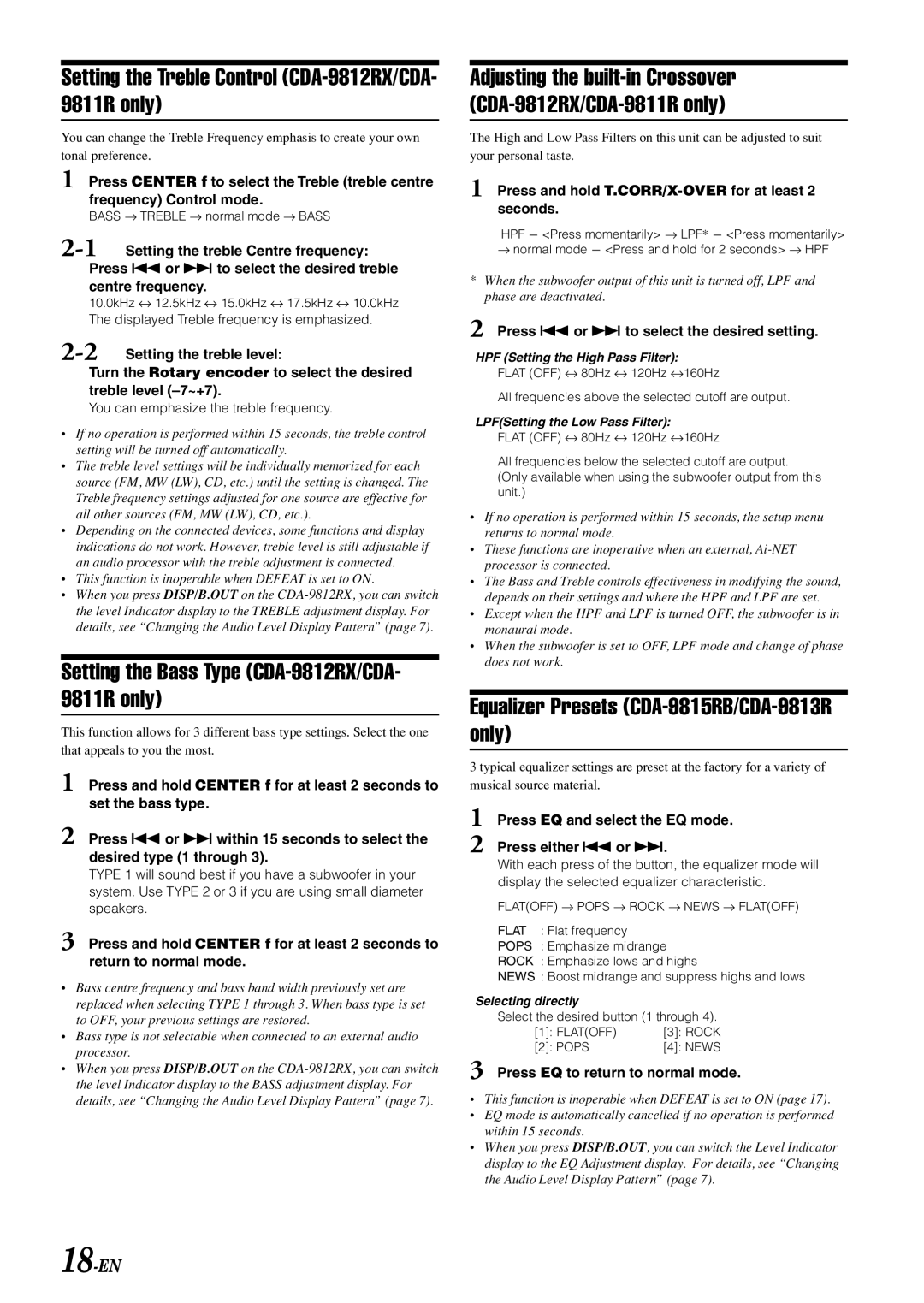 Alpine CDA-9812RR Setting the Treble Control CDA-9812RX/CDA- 9811R only, Setting the Bass Type CDA-9812RX/CDA- 9811R only 