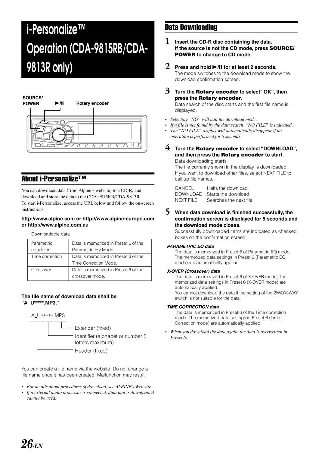 Alpine CDA-9812RB About i-Personalize, Data Downloading, 26-EN, File name of download data shall be AU*****.MP3 