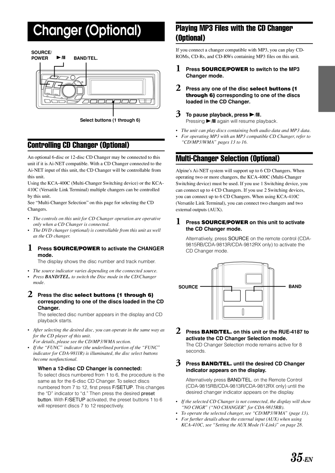 Alpine CDA-9813R, CDA-9812RR Controlling CD Changer Optional, Playing MP3 Files with the CD Changer Optional, 35-EN 