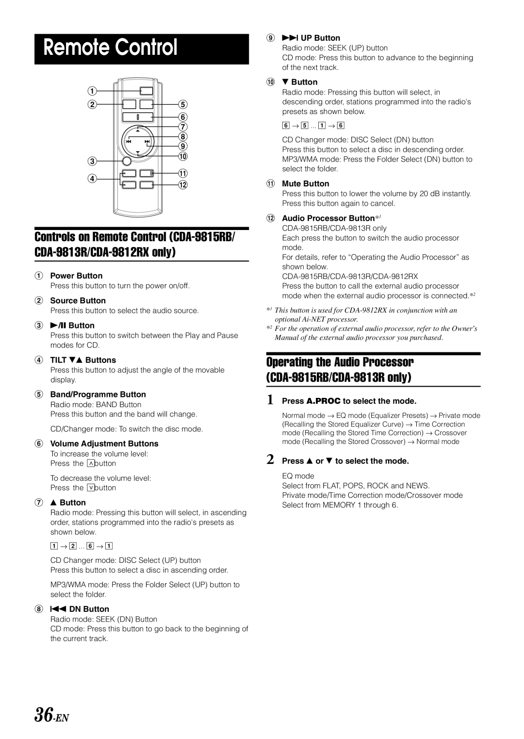 Alpine CDA-9812RB, CDA-9812RR, CDA-9815RB, CDA-9813R, CDA-9811R owner manual Remote Control, 36-EN 