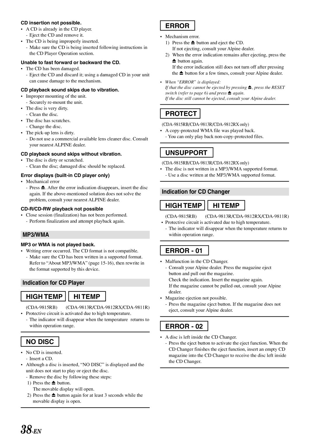 Alpine CDA-9812RR, CDA-9815RB, CDA-9813R, CDA-9812RB, CDA-9811R Indication for CD Player, Indication for CD Changer, 38-EN 