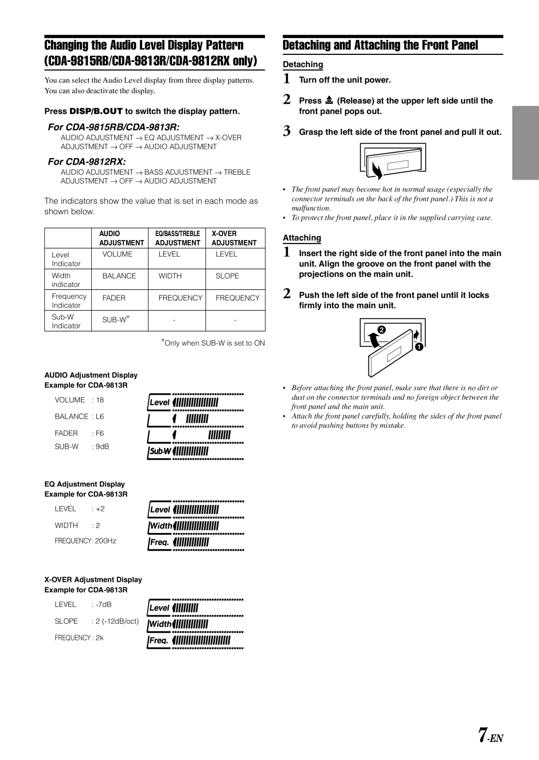 Alpine CDA-9811R, CDA-9812RR Detaching and Attaching the Front Panel, Press DISP/B.OUT to switch the display pattern 