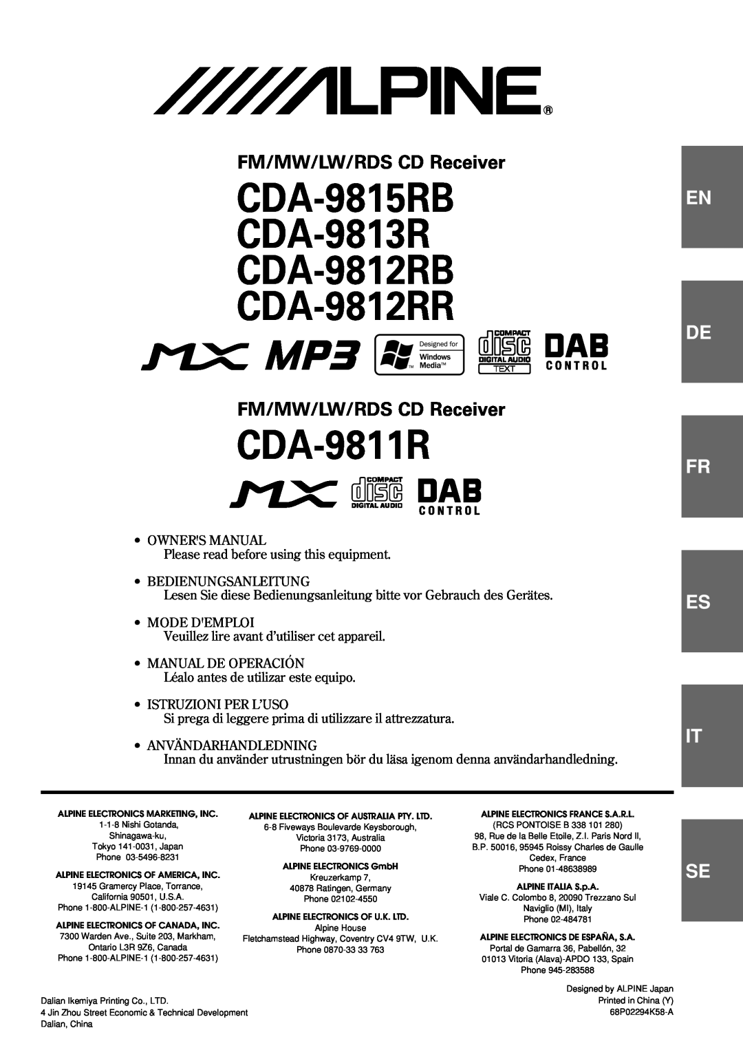 Alpine owner manual CDA-9815RB CDA-9813R CDA-9812RB CDA-9812RR, CDA-9811R, FM/MW/LW/RDS CD Receiver, En De Fr Es It 