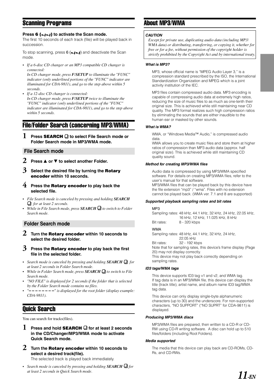 Alpine CDA-9811, CDA-9813, CDA-9815 Scanning Programs, Quick Search, About MP3/WMA, File Search mode, Folder Search mode 