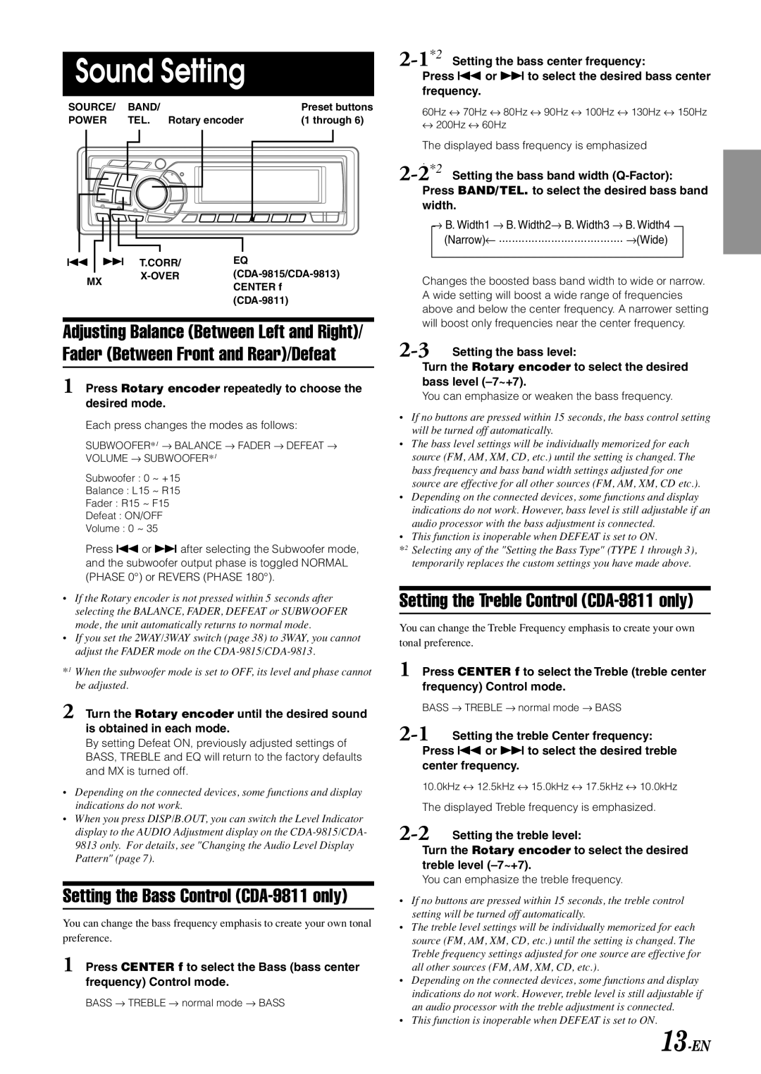 Alpine CDA-9813 Sound Setting, Setting the Bass Control CDA-9811 only, Setting the Treble Control CDA-9811 only, 13-EN 