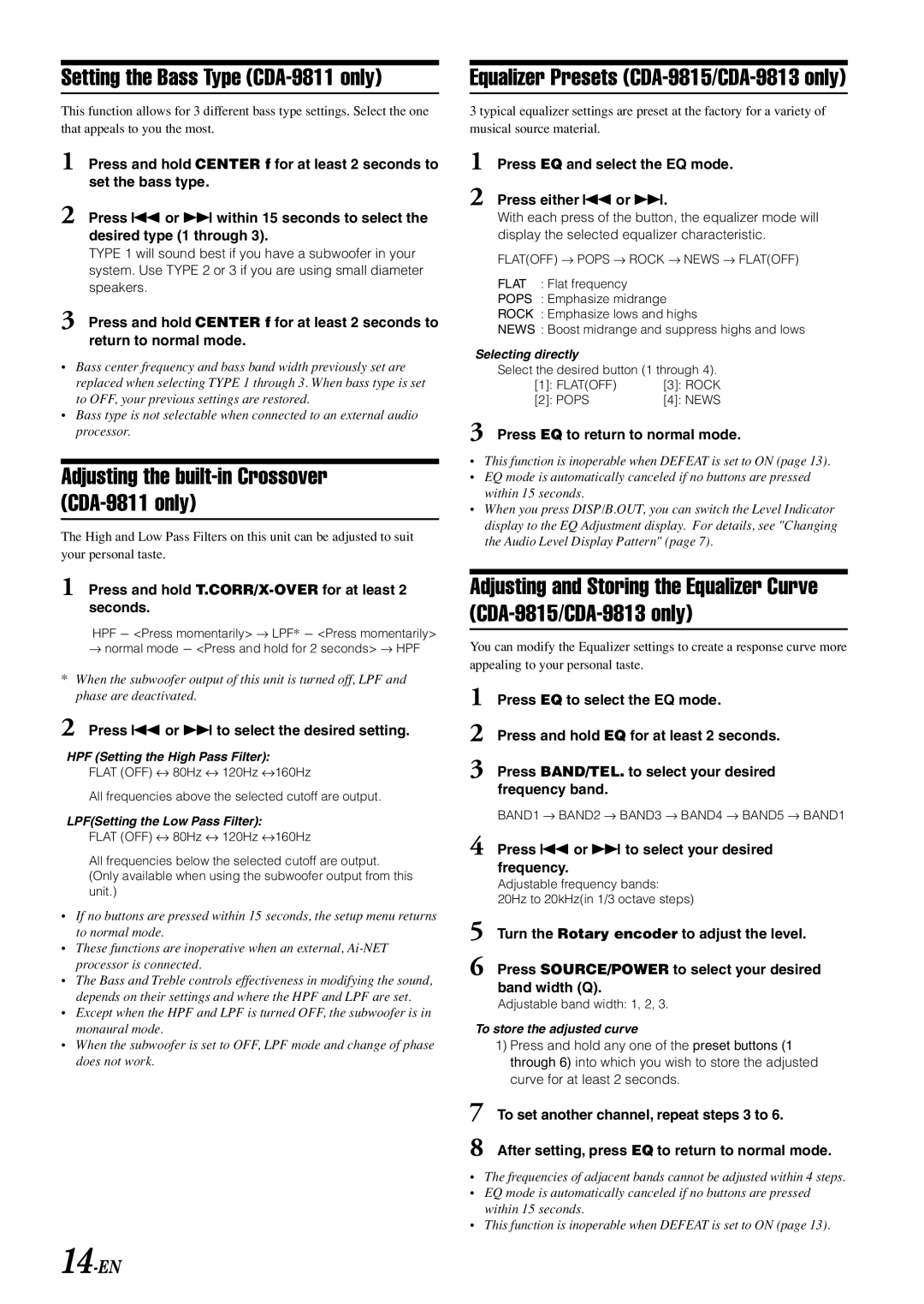 Alpine CDA-9813, CDA-9815 Setting the Bass Type CDA-9811 only, Adjusting the built-in Crossover CDA-9811 only, 14-EN 