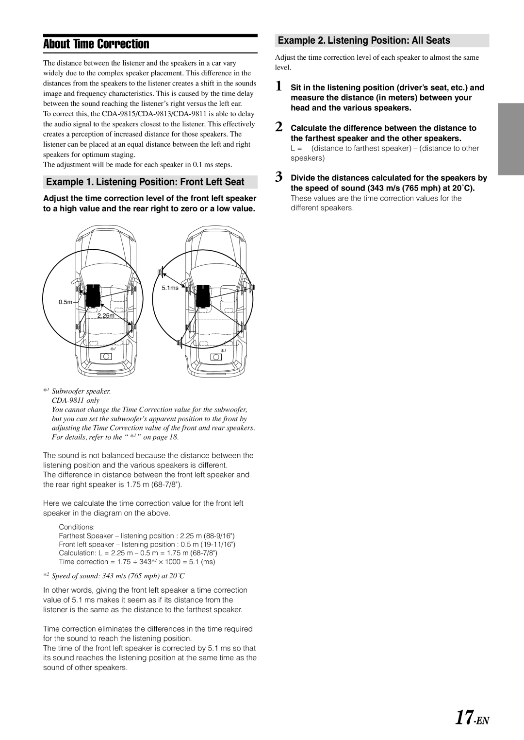 Alpine CDA-9811, CDA-9813, CDA-9815 owner manual About Time Correction, Example 1. Listening Position Front Left Seat, 17-EN 