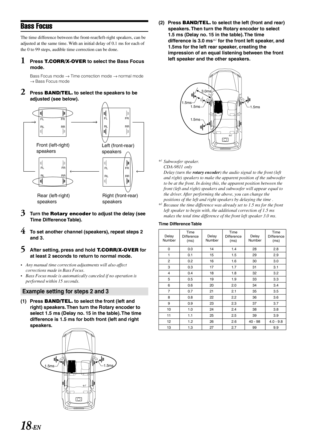 Alpine CDA-9815, CDA-9813 Example setting for steps 2, 18-EN, Press T.CORR/X-OVER to select the Bass Focus mode 