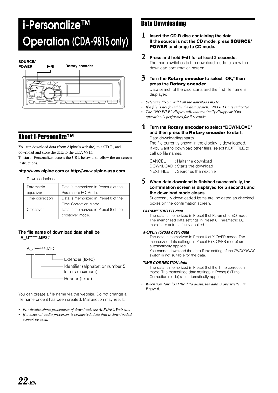 Alpine CDA-9813 About i-Personalize, Data Downloading, 22-EN, File name of download data shall be AU*****.MP3 