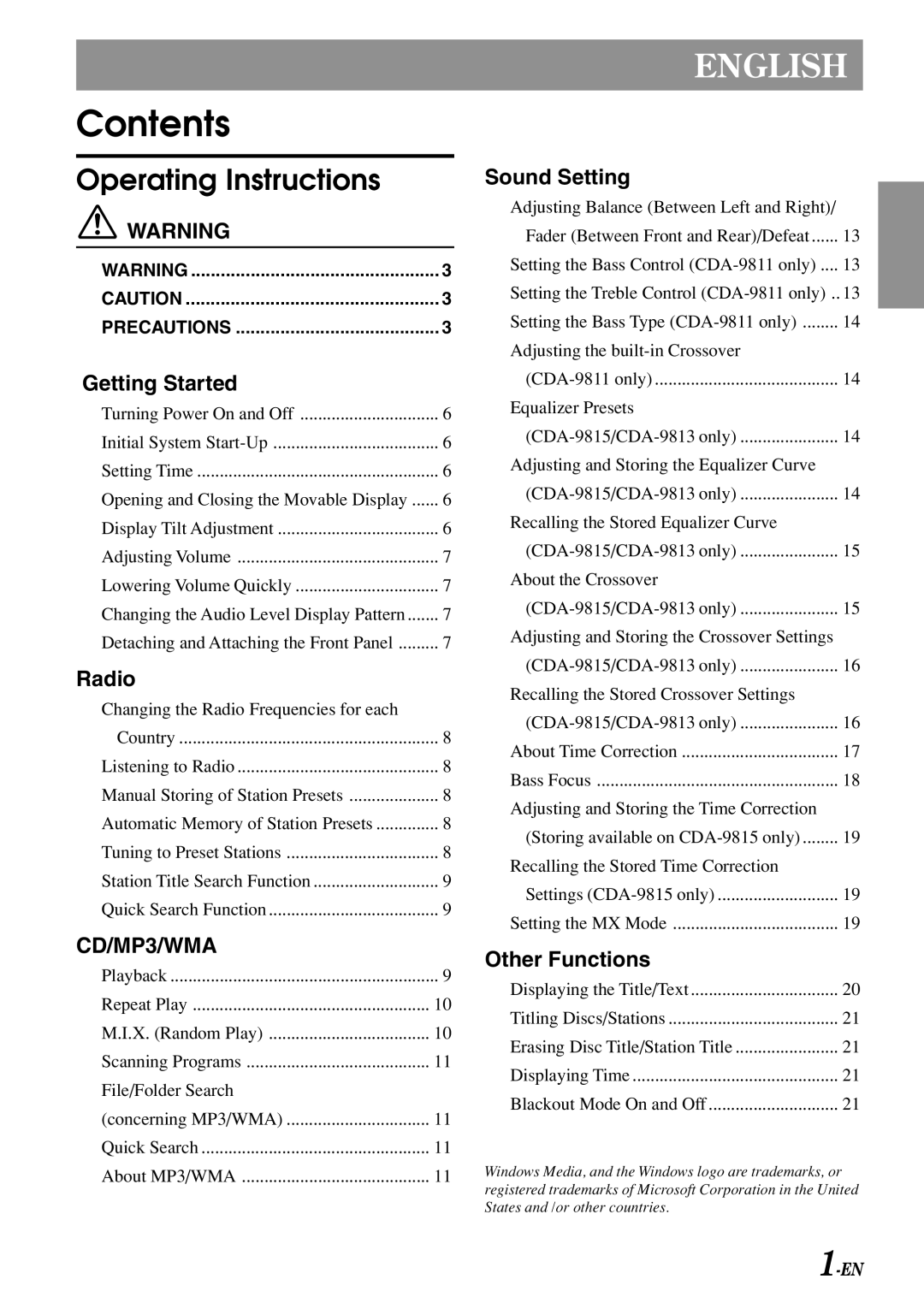 Alpine CDA-9813, CDA-9811, CDA-9815 owner manual Contents 