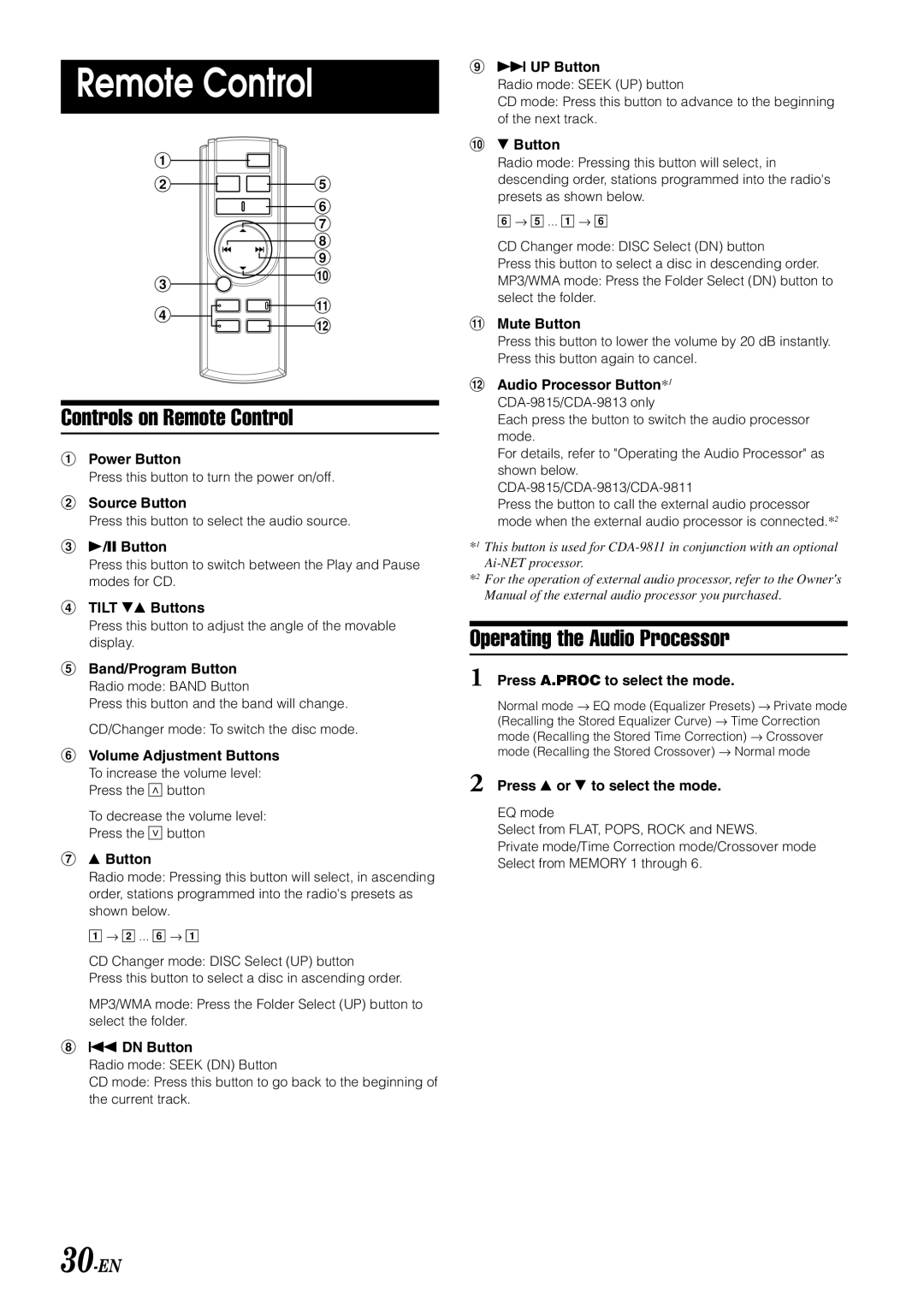 Alpine CDA-9815, CDA-9813, CDA-9811 owner manual Controls on Remote Control, Operating the Audio Processor, 30-EN 