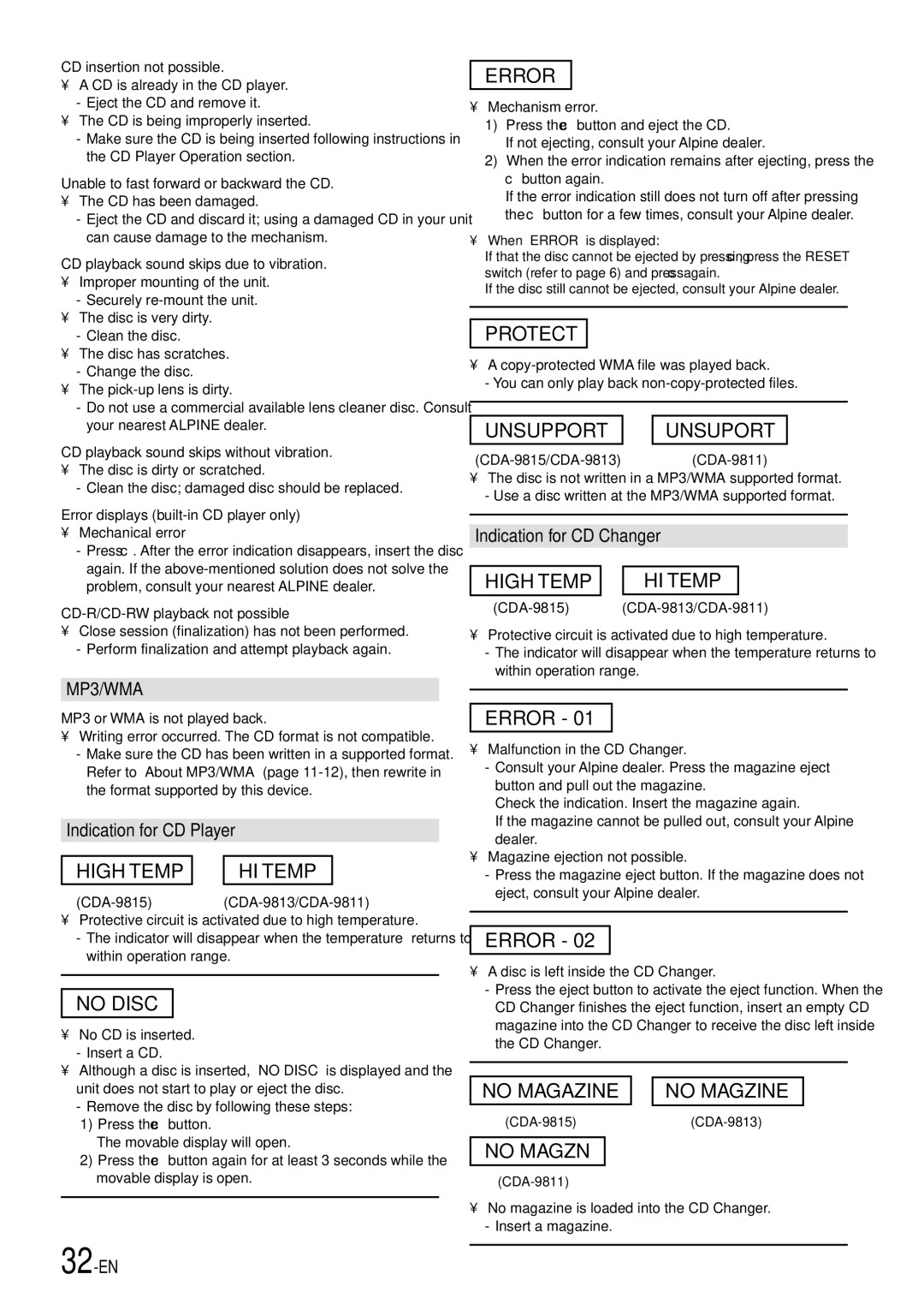 Alpine CDA-9811, CDA-9813, CDA-9815 owner manual Indication for CD Player, Indication for CD Changer, 32-EN 