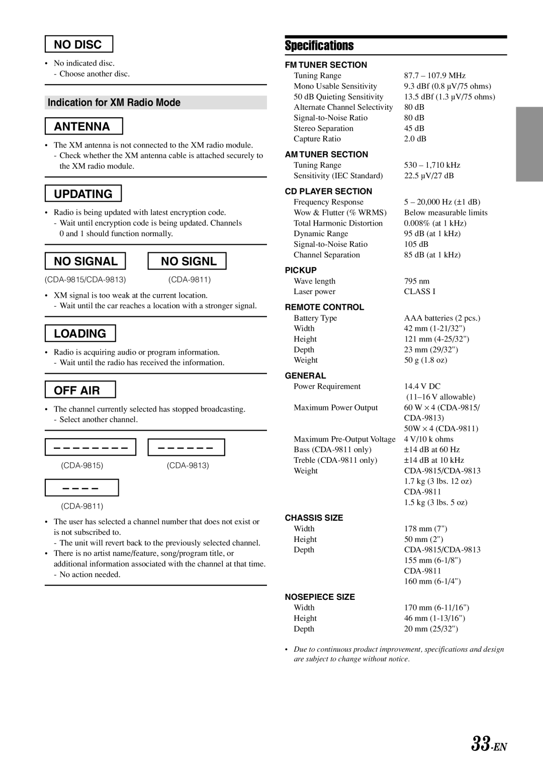 Alpine Specifications, Indication for XM Radio Mode, 33-EN, CDA-9815/CDA-9813CDA-9811, CDA-9815CDA-9813 CDA-9811 